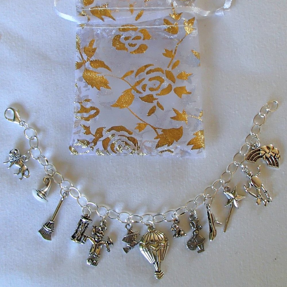 Wizard of Oz Theme Charm Bracelet SP Handcrafted + Free Organza Roses Gift Bag